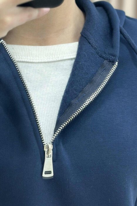 ONE COLOR FLUFFY WOMEN HOODIE DARK BLUE/BEE - 6