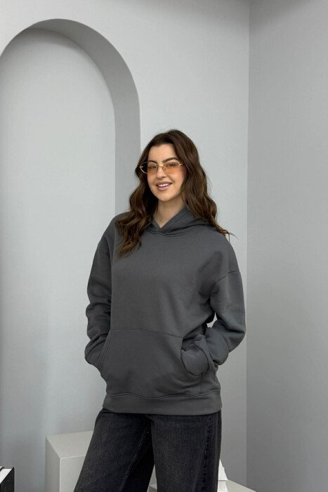 ONE COLOR FLUFFY WOMEN HOODIE DARK GREY/GEE - KLAUDIO FASHION