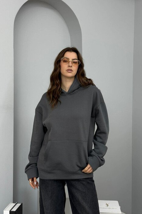 ONE COLOR FLUFFY WOMEN HOODIE DARK GREY/GEE - 2