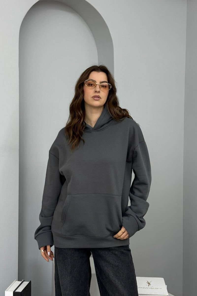ONE COLOR FLUFFY WOMEN HOODIE DARK GREY/GEE - 2