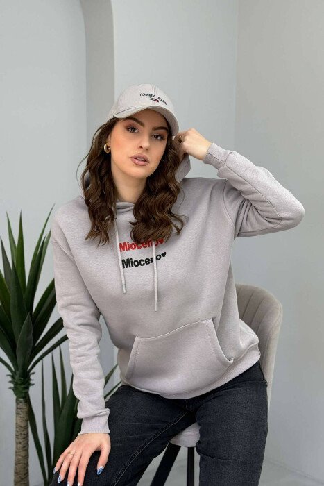 ONE COLOR FLUFFY FRONT WRITTINGS WOMEN HOODIE GREY/GRI - 1