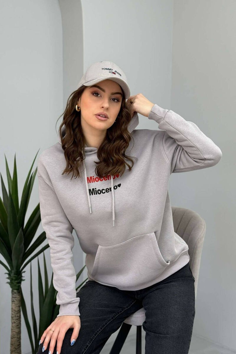 ONE COLOR FLUFFY FRONT WRITTINGS WOMEN HOODIE GREY/GRI - 1