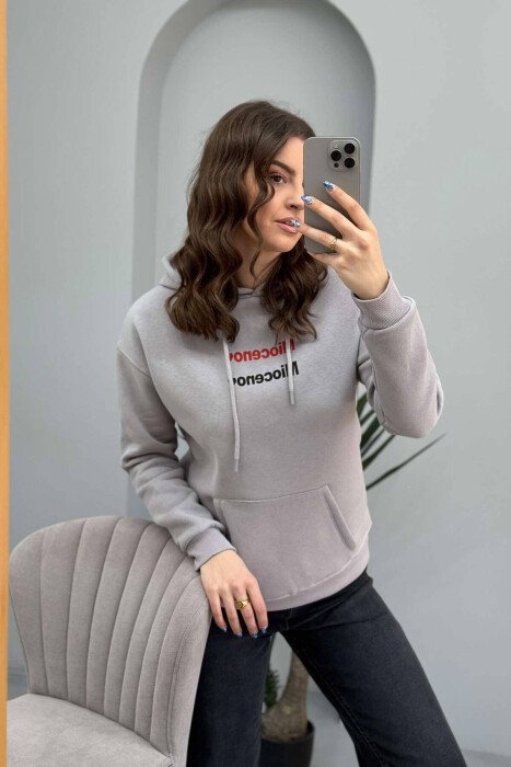 ONE COLOR FLUFFY FRONT WRITTINGS WOMEN HOODIE GREY/GRI - 4