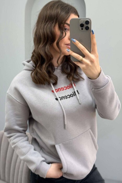 ONE COLOR FLUFFY FRONT WRITTINGS WOMEN HOODIE GREY/GRI - 5