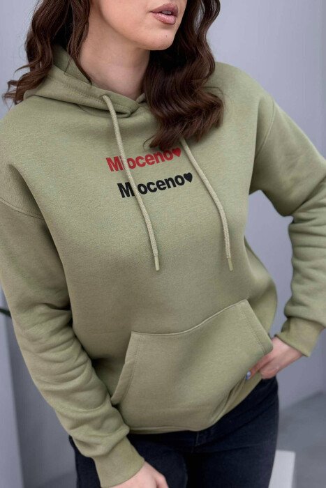 ONE COLOR FLUFFY FRONT WRITTINGS WOMEN HOODIE OLIVE/ULLI - 3