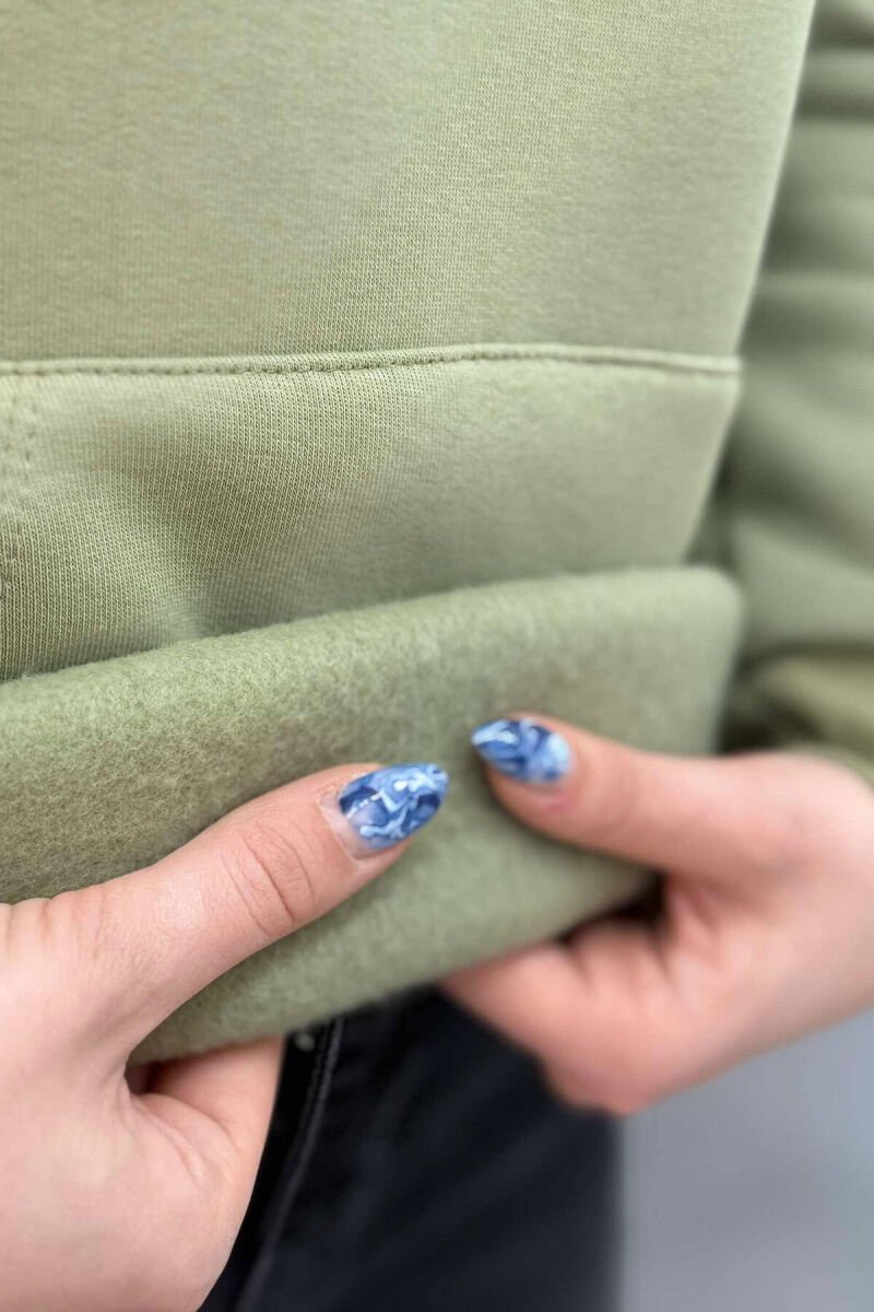 ONE COLOR FLUFFY FRONT WRITTINGS WOMEN HOODIE OLIVE/ULLI - 4