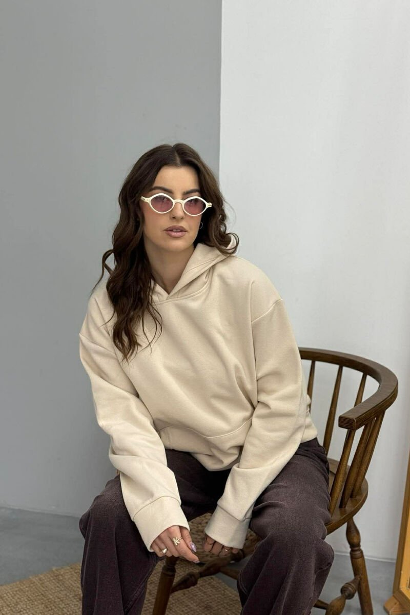 ONE COLOR FLUFFY WOMEN HOODIE LIGHT BEIGE/BZHZB - 3