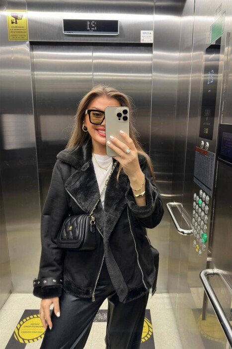 ONE COLOR FLUFFY WOMEN JACKET BLACK/ E ZEZE - KLAUDIO FASHION