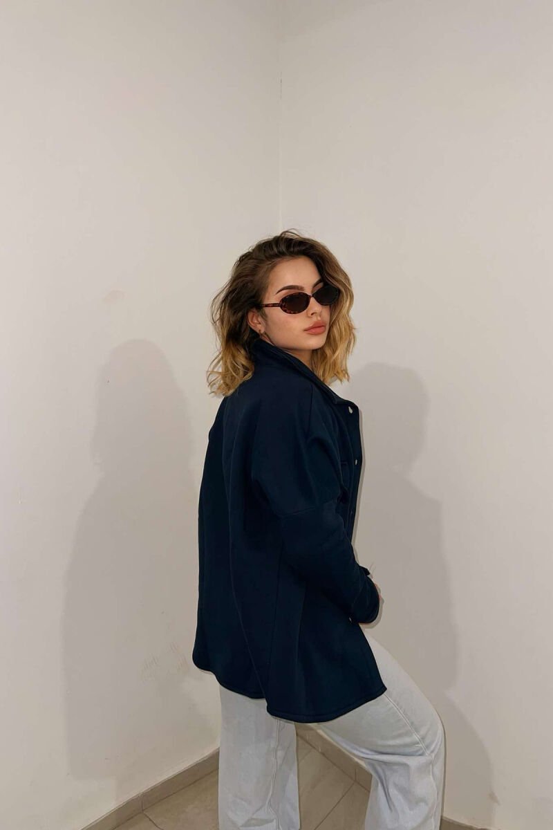 ONE COLOR FLUFFY WOMEN JACKET DARK BLUE/BEE - 4