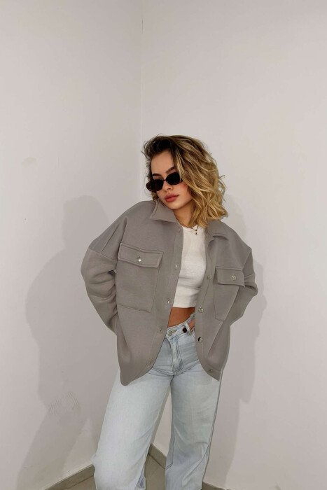 ONE COLOR FLUFFY WOMEN JACKET GREY/GRI - 1