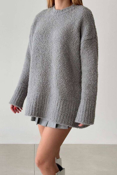 ONE COLOR FLUFFY WOMEN SWEATER GREY/GRI - KLAUDIO FASHION