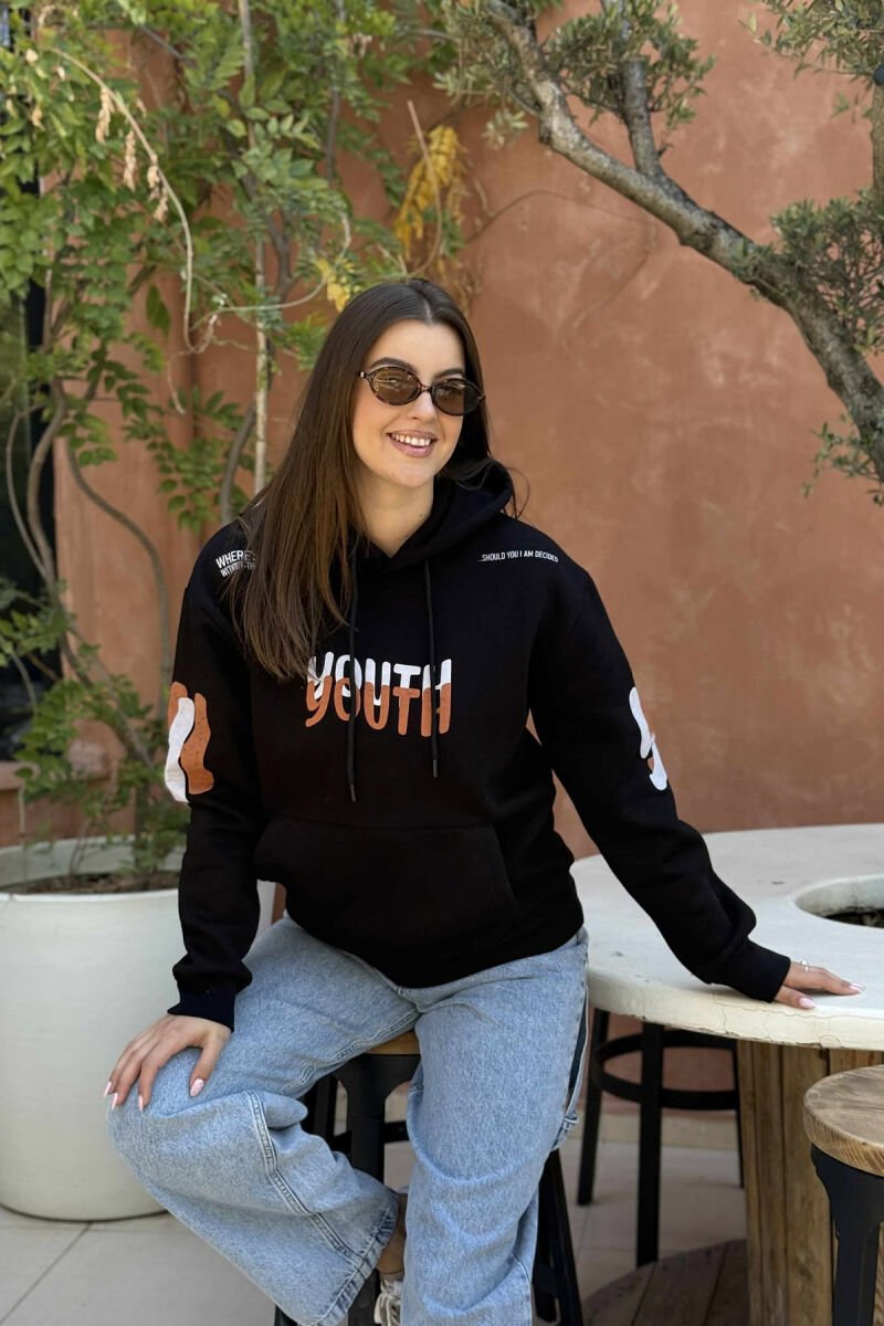 ONE COLOR FLUFFY WRITTINGS WOMEN HOODIE BLACK/ E ZEZE - 1