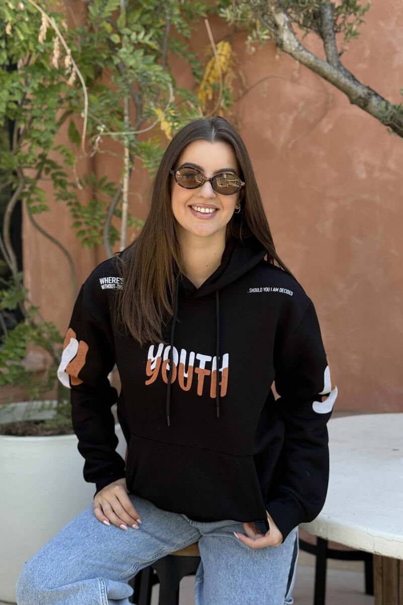 ONE COLOR FLUFFY WRITTINGS WOMEN HOODIE BLACK/ E ZEZE - 2