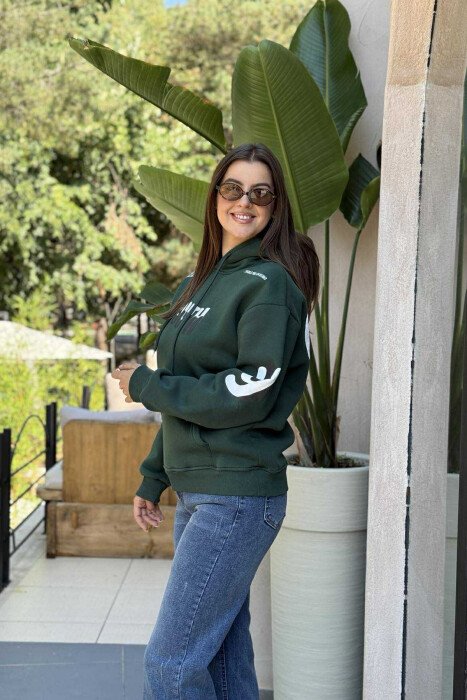 ONE COLOR FLUFFY WRITTINGS WOMEN HOODIE GREEN/JESHILE - KLAUDIO FASHION