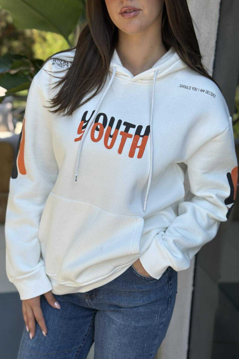 ONE COLOR FLUFFY WRITTINGS WOMEN HOODIE WHITE-E BARDHE - 4