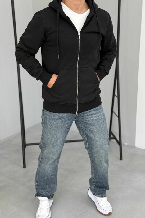 ONE COLOR FLUFFY ZIPPER HOOD MEN JACKET BLACK/ E ZEZE - KLAUDIO FASHION