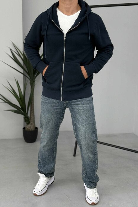 ONE COLOR FLUFFY ZIPPER HOOD MEN JACKET DARK BLUE/BEE 