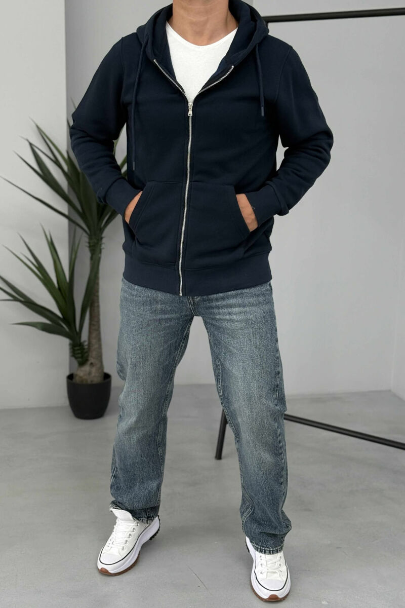 ONE COLOR FLUFFY ZIPPER HOOD MEN JACKET DARK BLUE/BEE - 1