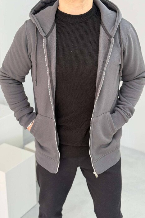 ONE COLOR FLUFFY ZIPPER HOOD MEN JACKET DARK GREY/GEE - KLAUDIO FASHION