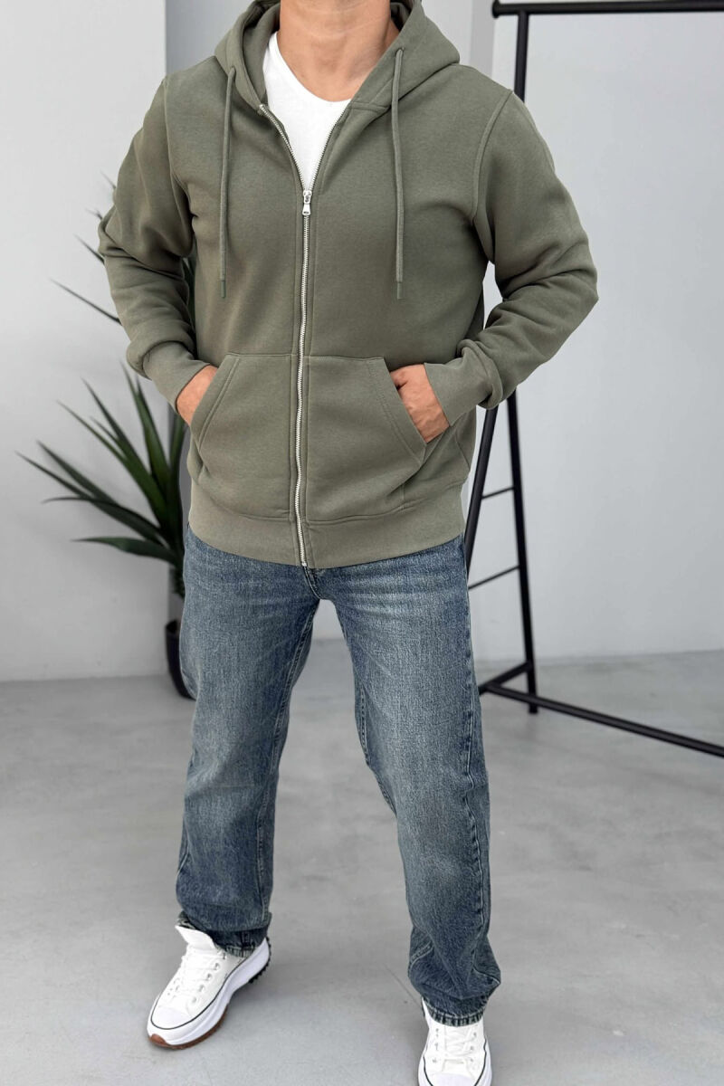 ONE COLOR FLUFFY ZIPPER HOOD MEN JACKET GREEN/JESHILE - 1