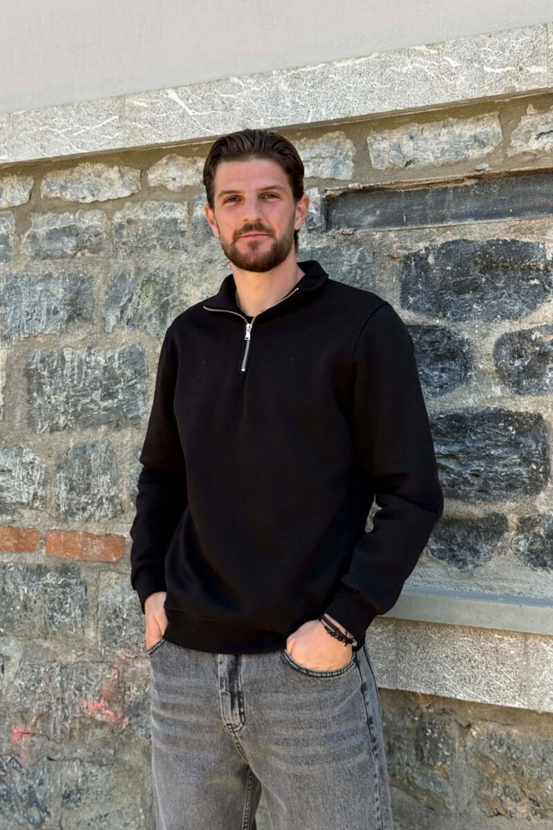 ONE COLOR FLUFFY ZIPPER NECK MEN SWEATSHIRT BLACK/ E ZEZE - 1