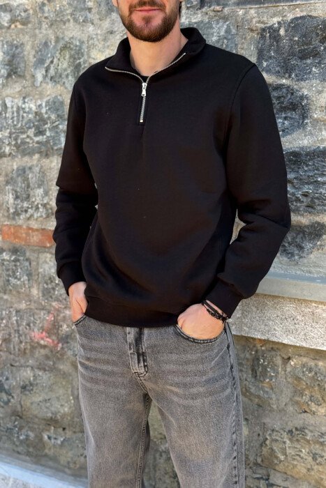 ONE COLOR FLUFFY ZIPPER NECK MEN SWEATSHIRT BLACK/ E ZEZE - 3