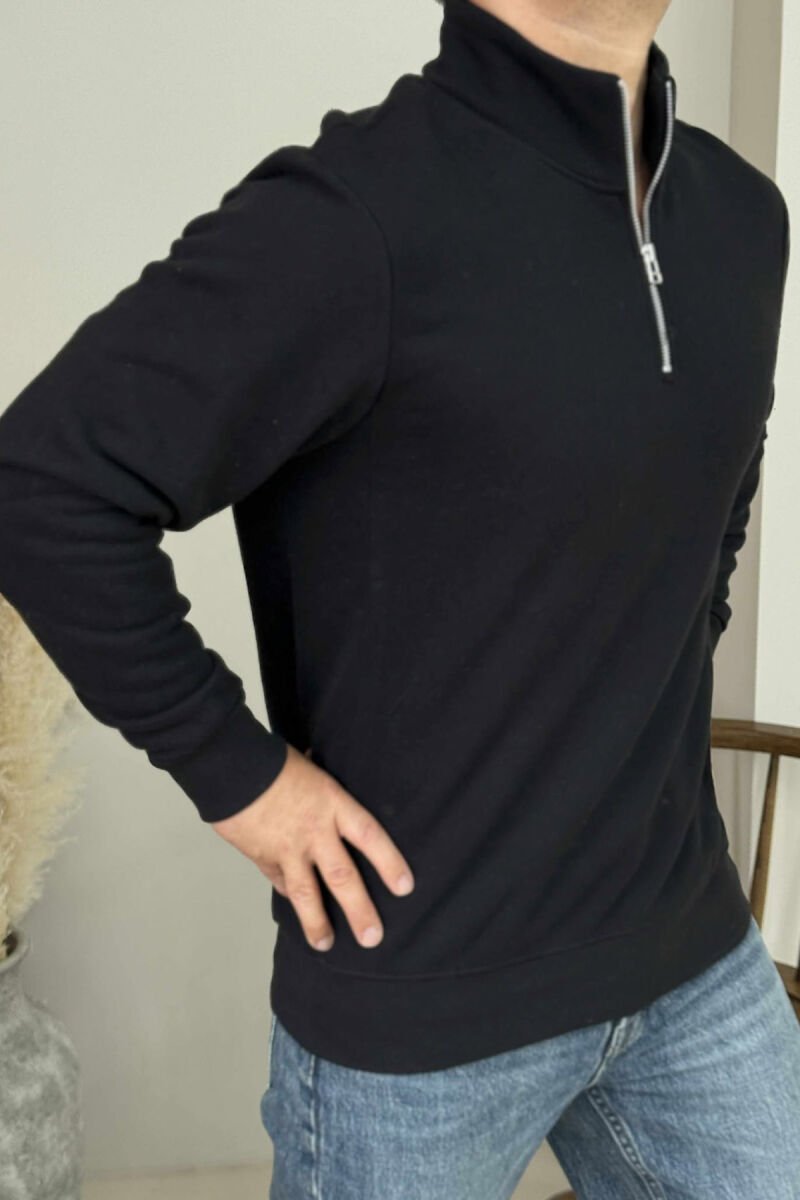 ONE COLOR FLUFFY ZIPPER NECK MEN SWEATSHIRT BLACK/ E ZEZE - 3