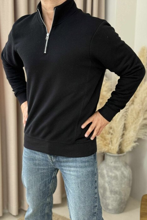 ONE COLOR FLUFFY ZIPPER NECK MEN SWEATSHIRT BLACK/ E ZEZE 