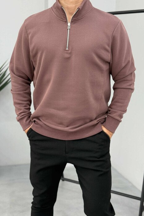 ONE COLOR FLUFFY ZIPPER NECK MEN SWEATSHIRT BROWN/KAFE - KLAUDIO FASHION