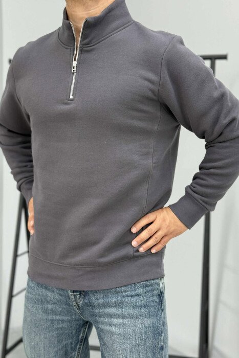 ONE COLOR FLUFFY ZIPPER NECK MEN SWEATSHIRT DARK GREY/GEE - KLAUDIO FASHION