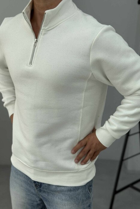 ONE COLOR FLUFFY ZIPPER NECK MEN SWEATSHIRT WHITE-E BARDHE - 1