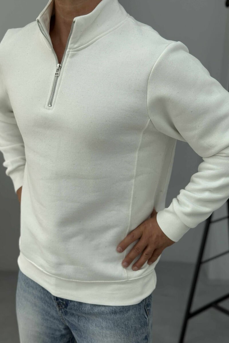 ONE COLOR FLUFFY ZIPPER NECK MEN SWEATSHIRT WHITE-E BARDHE - 1
