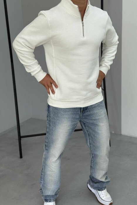 ONE COLOR FLUFFY ZIPPER NECK MEN SWEATSHIRT WHITE-E BARDHE - 5