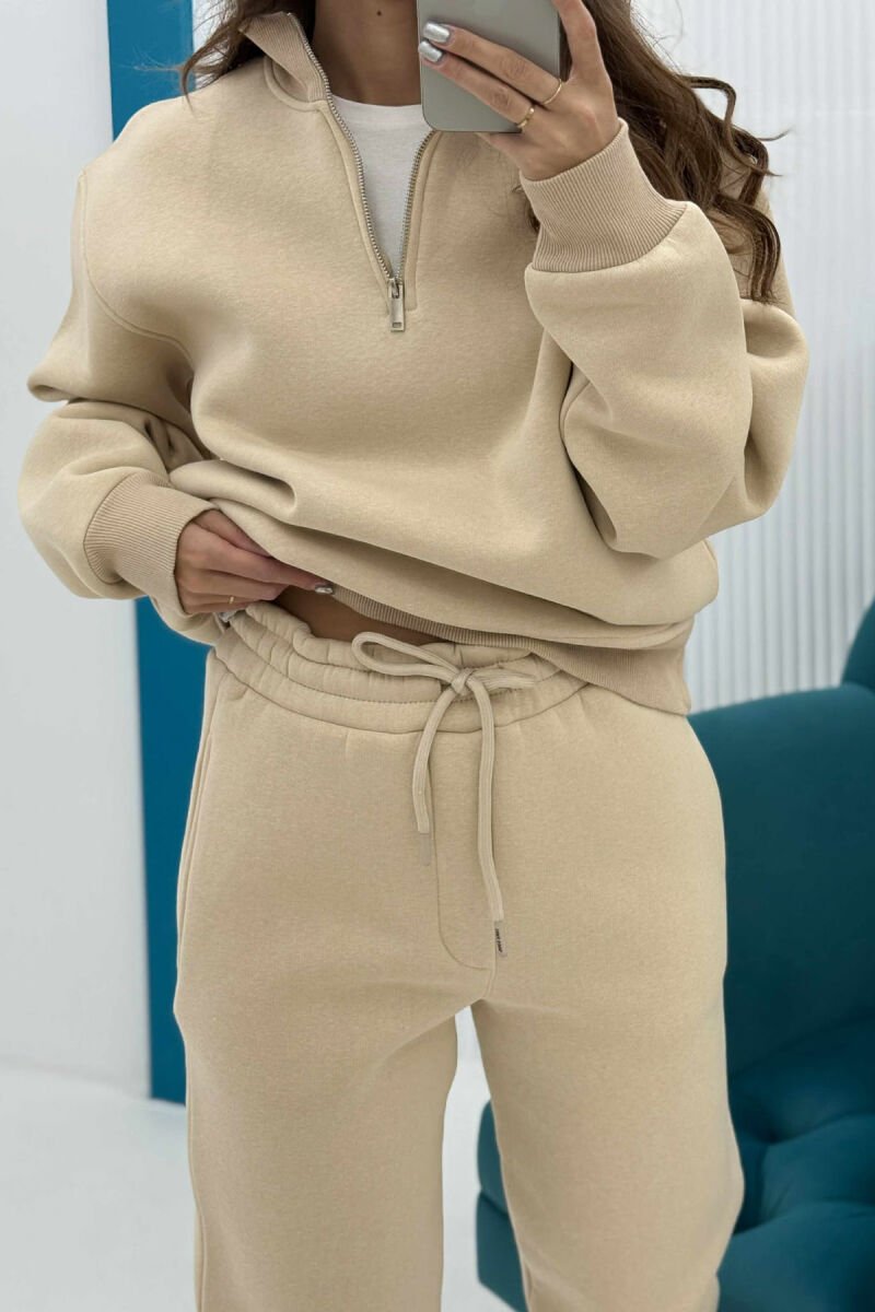 ONE COLOR FLUFFY ZIPPER NECK SWEATSHIRT+JOGGERS WOMEN SET BEIGE/BEZHE - 4