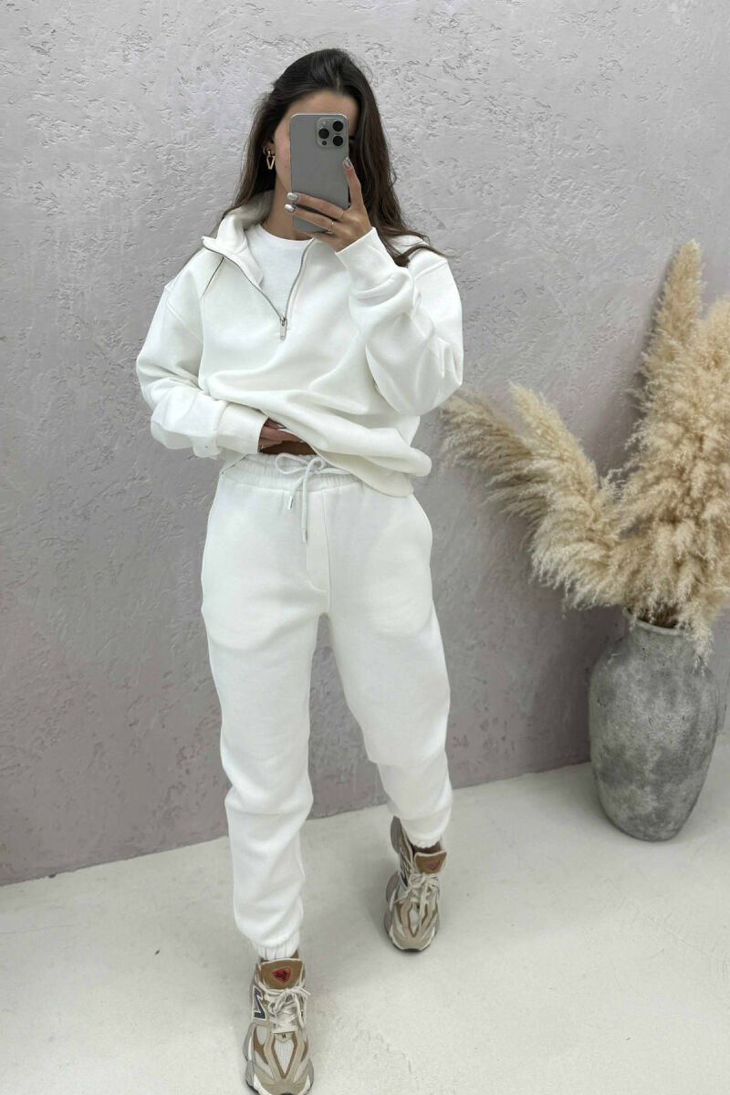 ONE COLOR FLUFFY ZIPPER NECK SWEATSHIRT+JOGGERS WOMEN SET WHITE-E BARDHE - 2