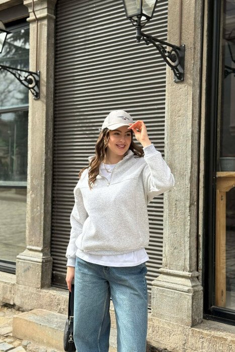 ONE COLOR FLUFFY ZIPPER NECK WOMEN SWEATSHIRT LIGHT GREY/GZ - 2