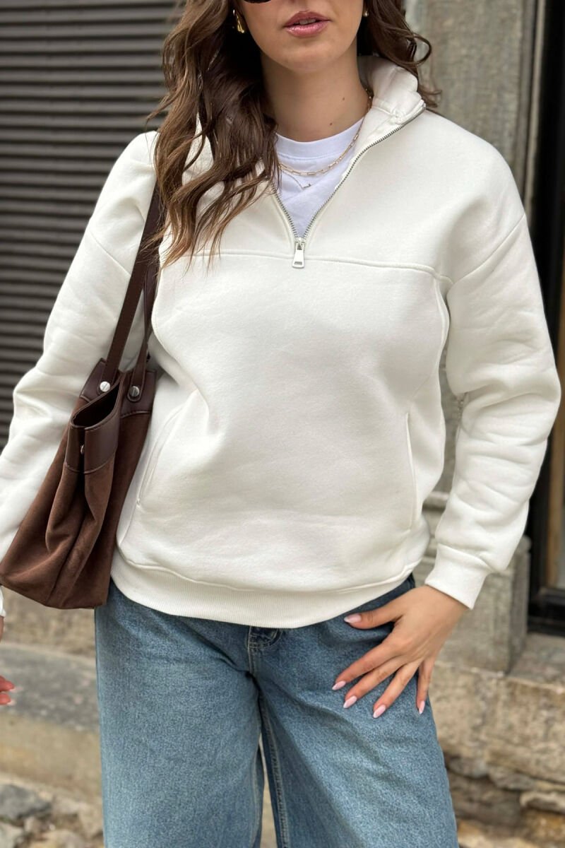 ONE COLOR FLUFFY ZIPPER NECK WOMEN SWEATSHIRT WHITE-E BARDHE - 2