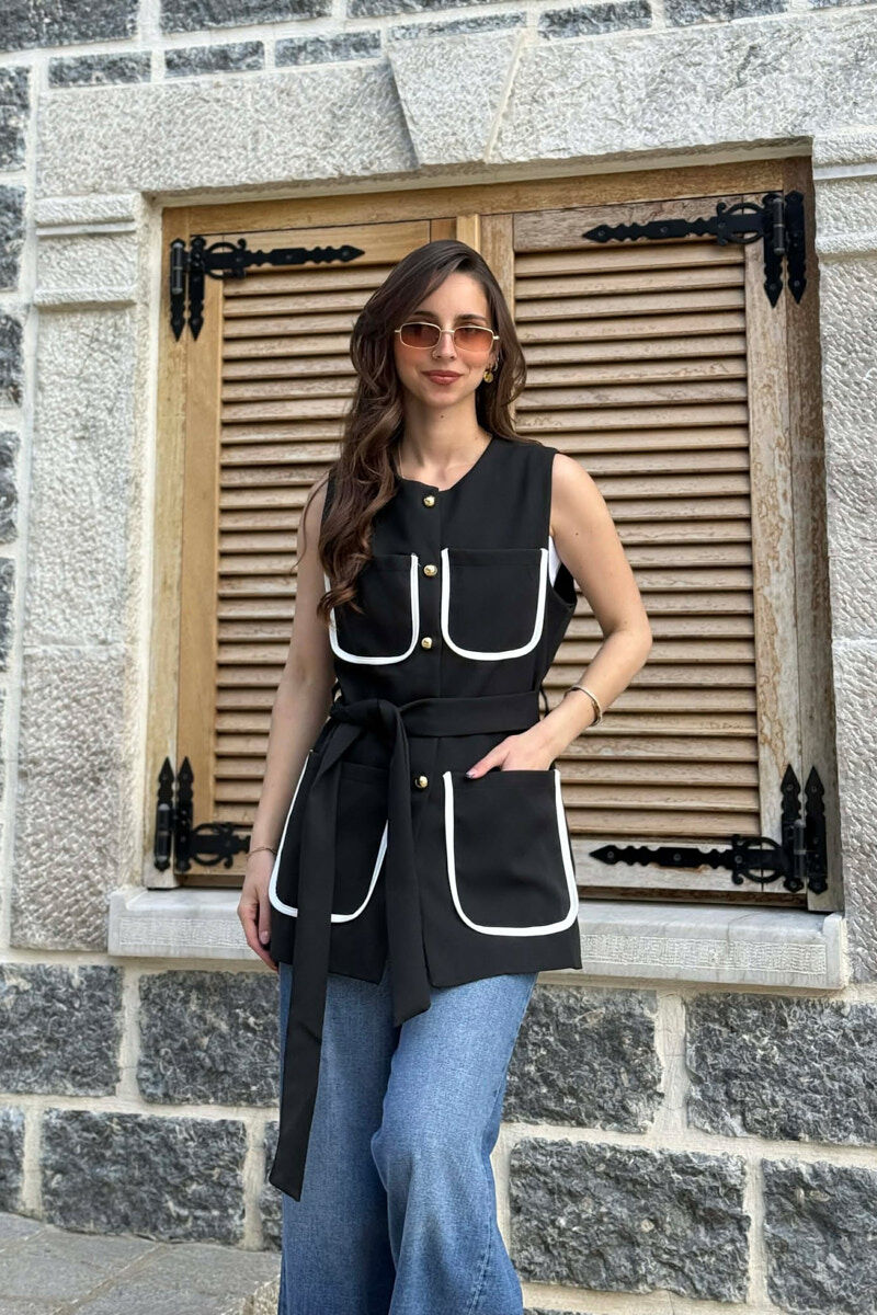 ONE COLOR FOUR FRONT POCKETS LONG WOMEN VEST BLACK/ E ZEZE - 2