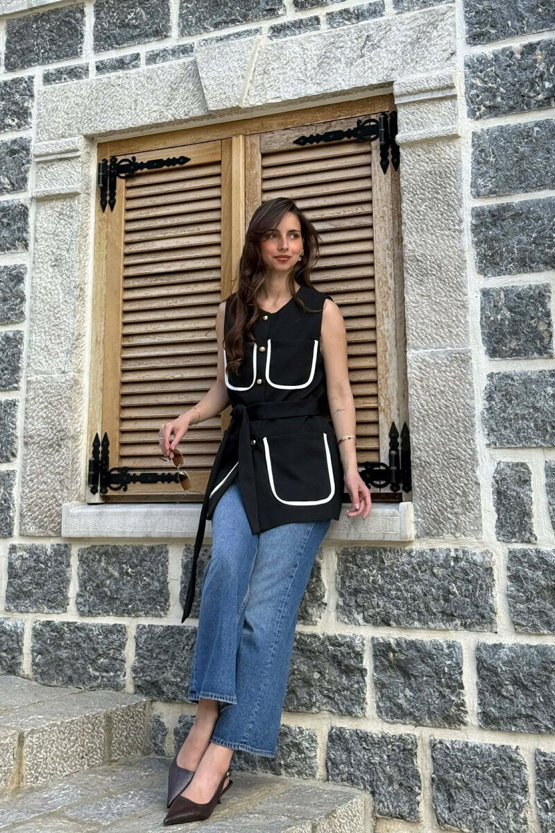ONE COLOR FOUR FRONT POCKETS LONG WOMEN VEST BLACK/ E ZEZE - 4
