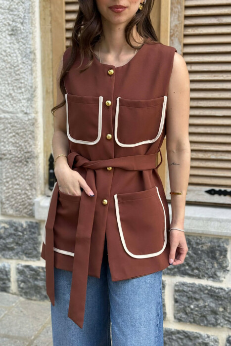 ONE COLOR FOUR FRONT POCKETS LONG WOMEN VEST BROWN/KAFE - 2