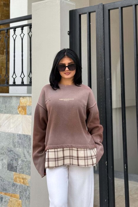 ONE COLOR FRONT & BACK WRITTINGS WOMAN SWEATSHIRT BROWN/KAFE - KLAUDIO FASHION