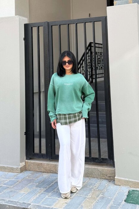 ONE COLOR FRONT & BACK WRITTINGS WOMAN SWEATSHIRT GREEN/JESHILE - 4