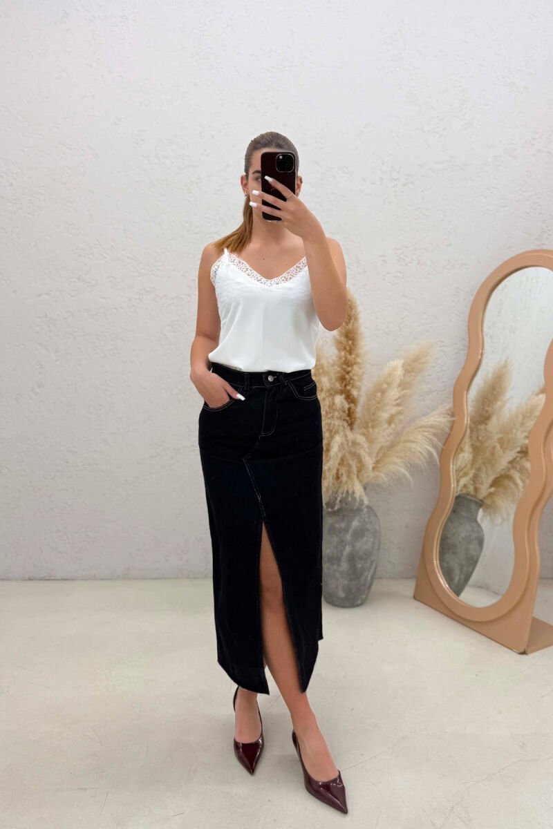 ONE COLOR FRONT CUT DENIM WOMAN SKIRT DARK BLUE/BEE - 1