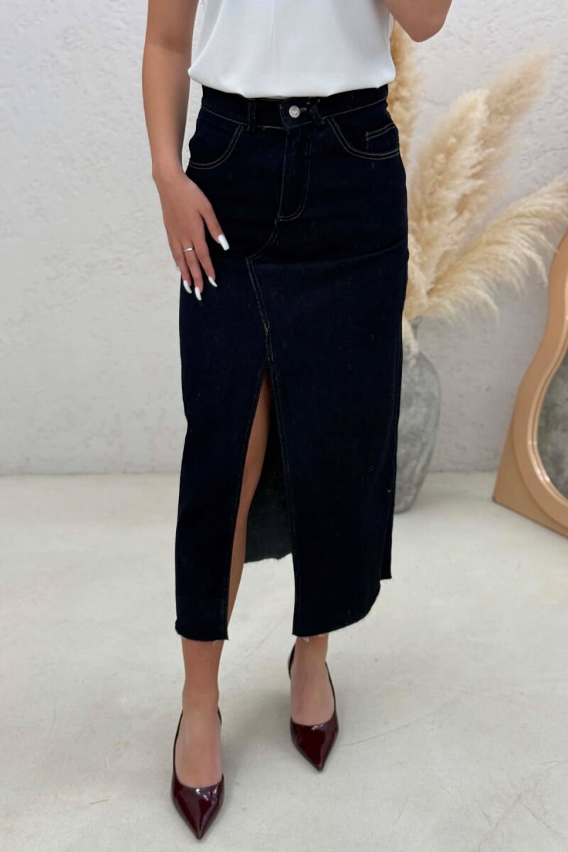 ONE COLOR FRONT CUT DENIM WOMAN SKIRT DARK BLUE/BEE - 2