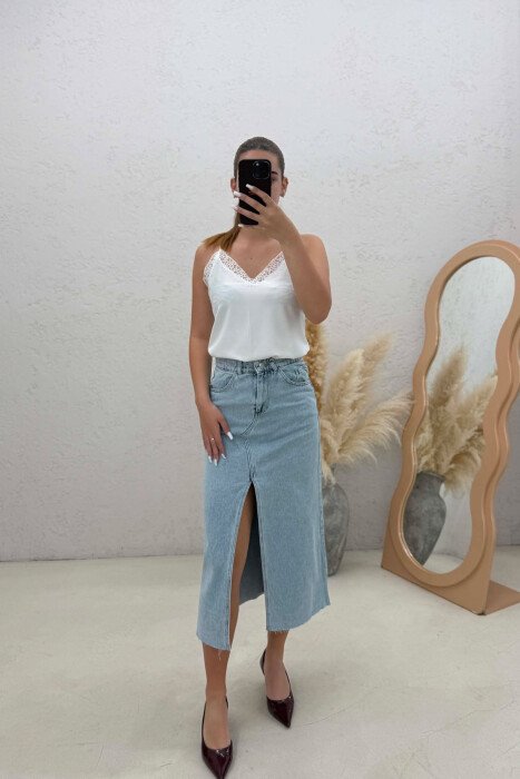 ONE COLOR FRONT CUT DENIM WOMAN SKIRT LIGHTBLUE/BZ - 1