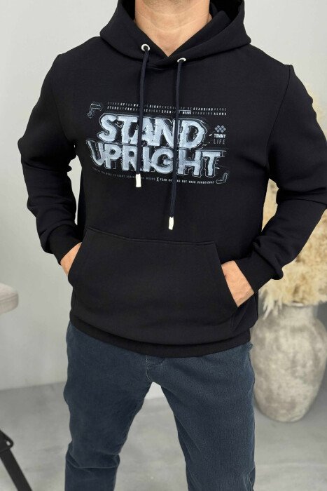 ONE COLOR FRONT DESIGN MEN HOODIE DARK BLUE/BEE - 1