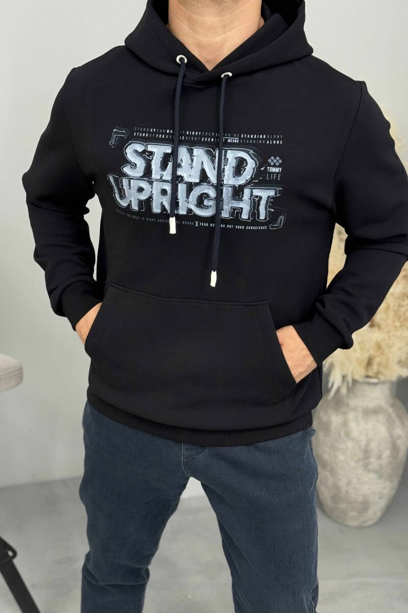 ONE COLOR FRONT DESIGN MEN HOODIE DARK BLUE/BEE - 1