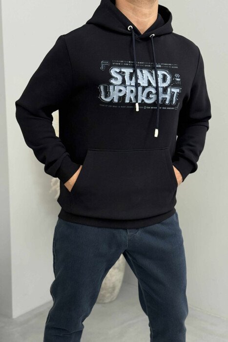 ONE COLOR FRONT DESIGN MEN HOODIE DARK BLUE/BEE - 4