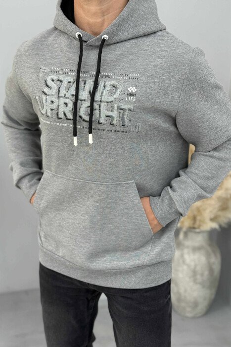 ONE COLOR FRONT DESIGN MEN HOODIE GREY/GRI - KLAUDIO FASHION