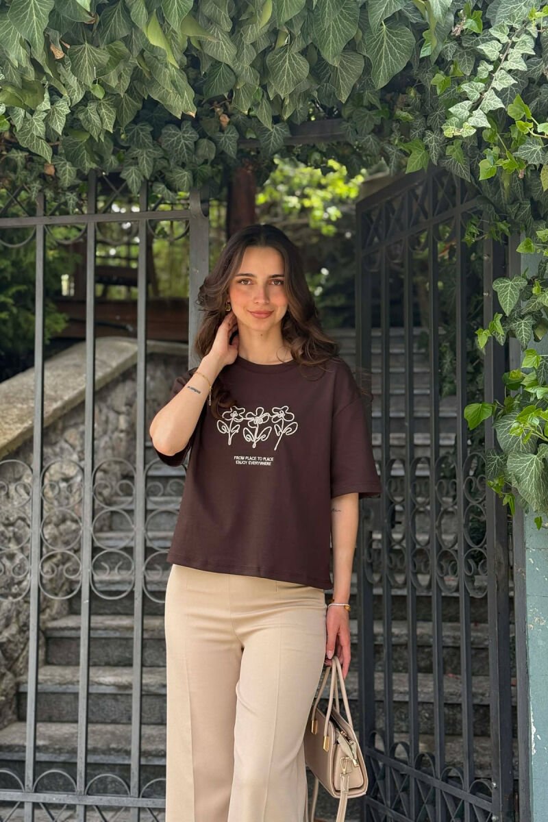 ONE COLOR FRONT DESIGN WOMAN T-SHIRT BROWN/KAFE - 1